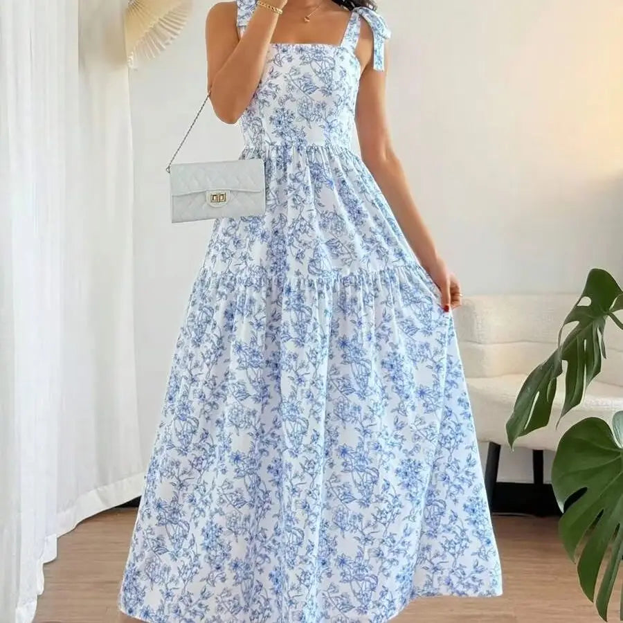 Women's V Neck Pleated Floral Maxi Dress - Sleeveless Ruffle Hem