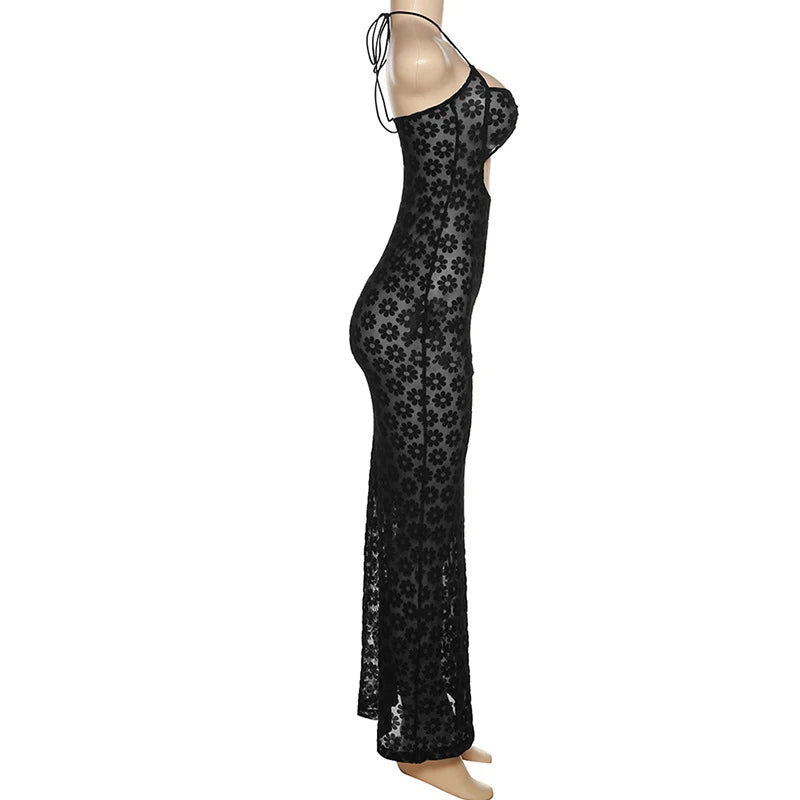 Hollow Halter Neck See-Through Maxi Dress
