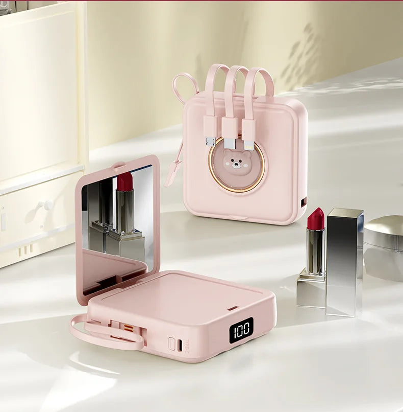 Mini Power Bank 20000mAh – Built-in 4 Cables, Makeup Mirror & Cute Pet Cartoon Design