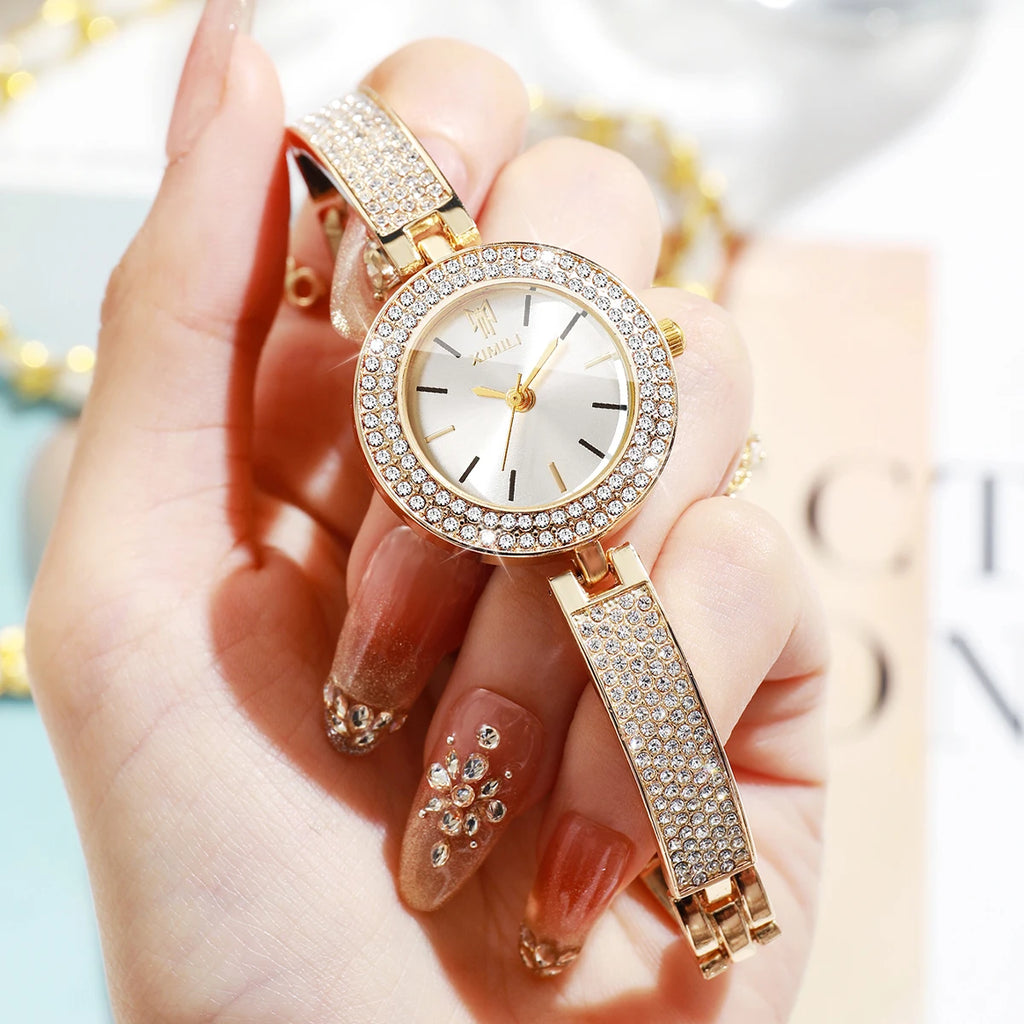Luxury Rhinestone Bangle Women's Quartz Watch – Full Diamond Bezel Bracelet Wristwatch