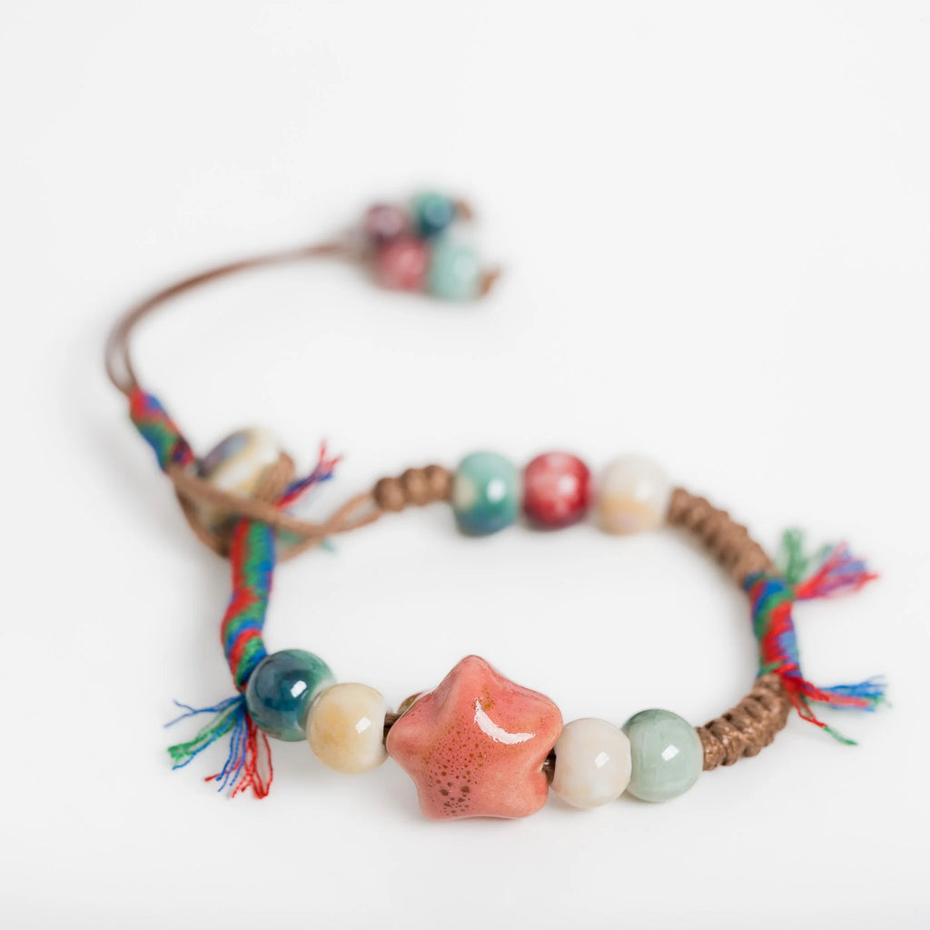 Handmade Ceramic Bead Bracelet – Adjustable Wax Cord Star Charm Multicolor Jewelry