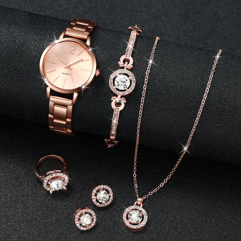 Women's Stainless Steel Quartz Watch & Diamond Jewelry Set – 6PCS Fashion Wristwatch