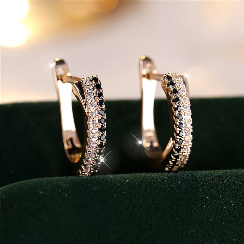 Black & White Zircon Clip Earrings – Gold Tone Wedding Jewelry for Women