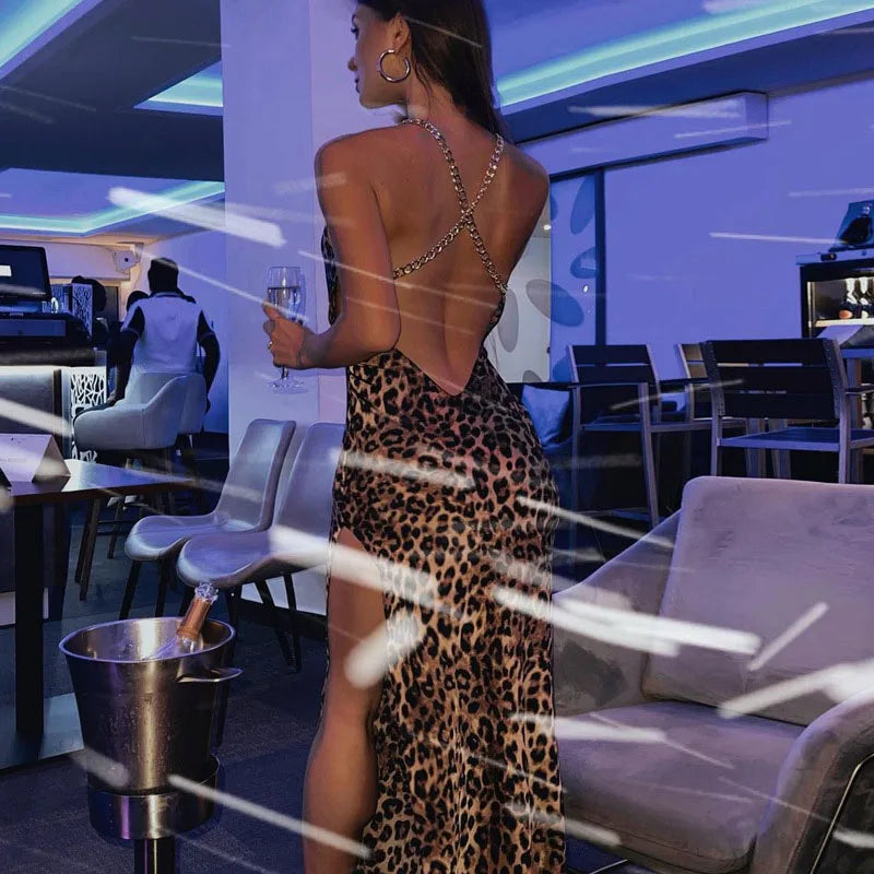 Leopard Print Chain Strap Maxi Dress