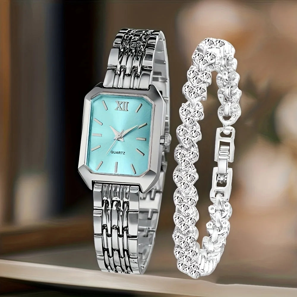 Fashion Rectangle Women's Quartz Watch & Rhinestone Bracelet Set – 2PCS Roma Dial Wristwatch