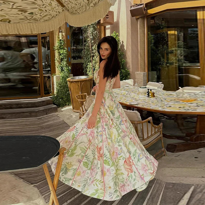 Women's Printed Sleeveless Sling Halter Maxi Dress - Waist Cinching A-line Style