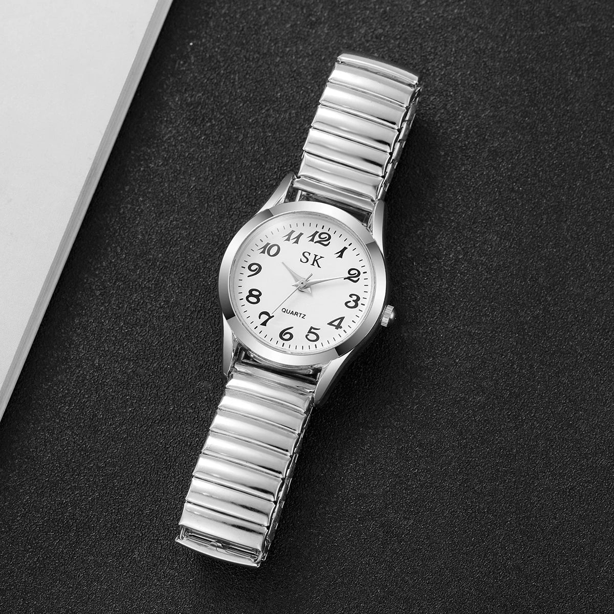 Elegant Elastic Strap Women's Quartz Watch – Small Arabic Dial Ladies Wristwatch Set