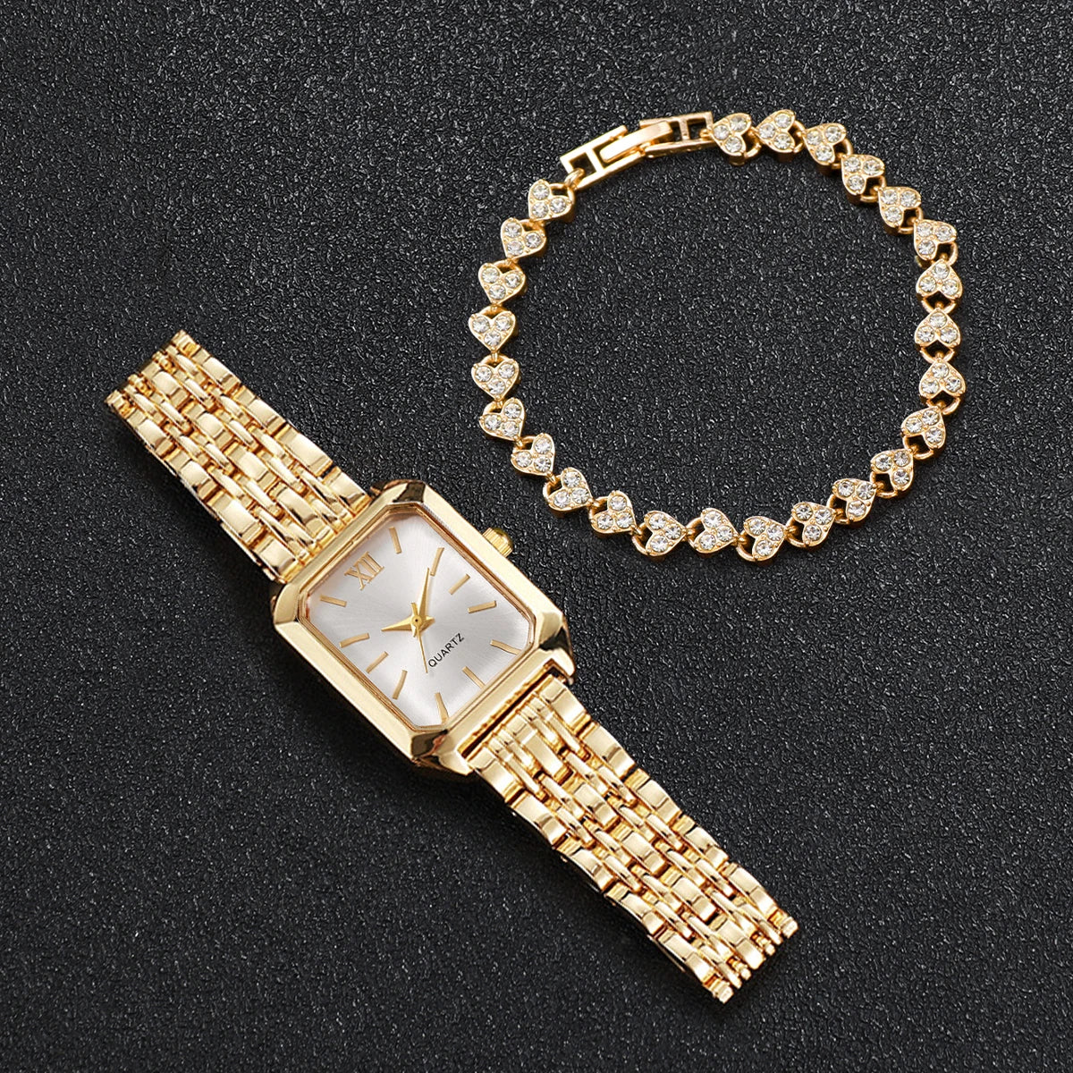 Fashion Rectangle Women's Quartz Watch & Rhinestone Bracelet Set – 2PCS Roma Dial Wristwatch