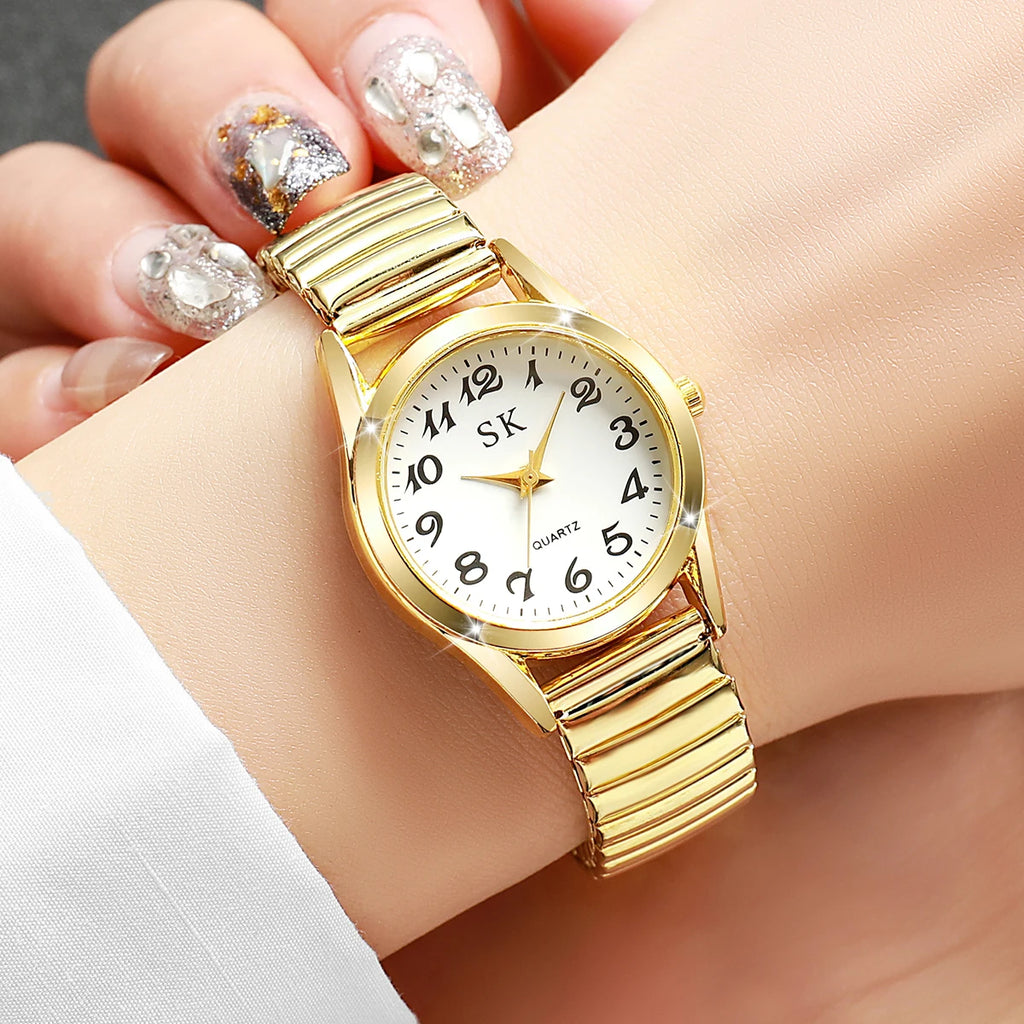 Elegant Elastic Strap Women's Quartz Watch – Small Arabic Dial Ladies Wristwatch Set