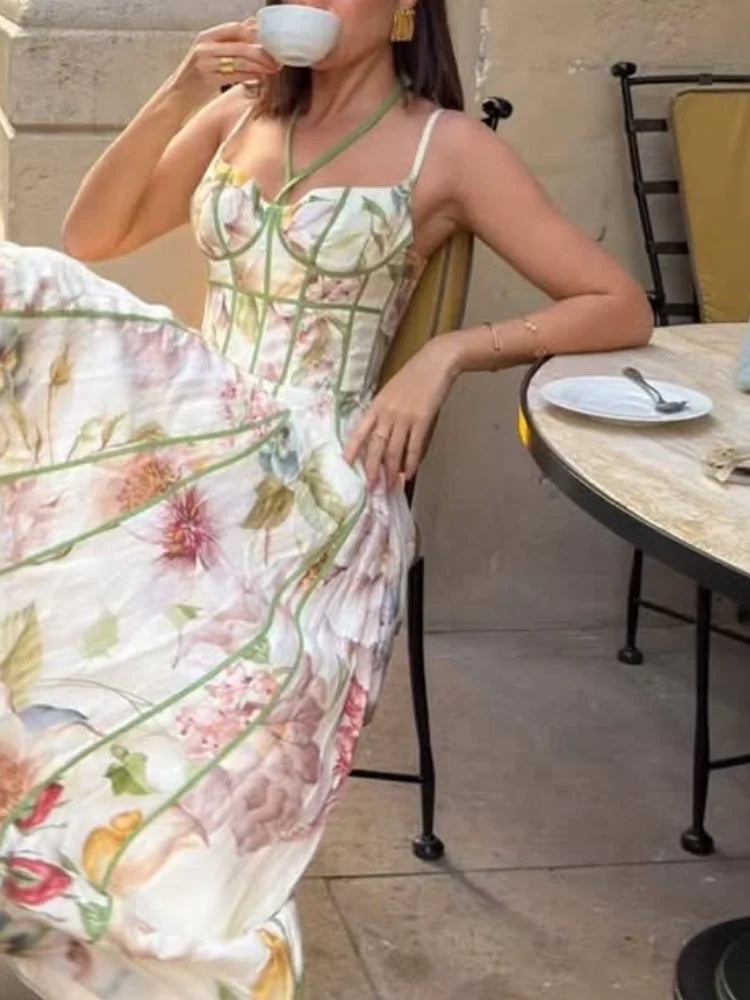 Women's Printed Gathered Swing Midi Dress - Spaghetti Strap High Waist