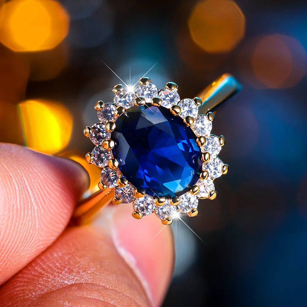 Luxury Crystal Blue Oval Zircon Engagement Ring for Women