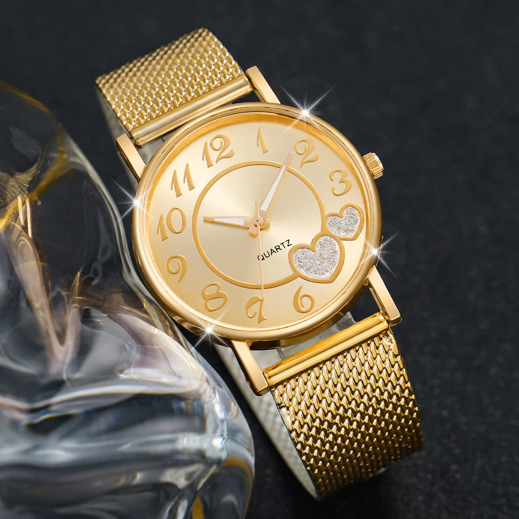 Fashion Heart Women's Quartz Watch & Butterfly Jewelry Set – 3/6PCS Golden Plastic Band Wristwatch