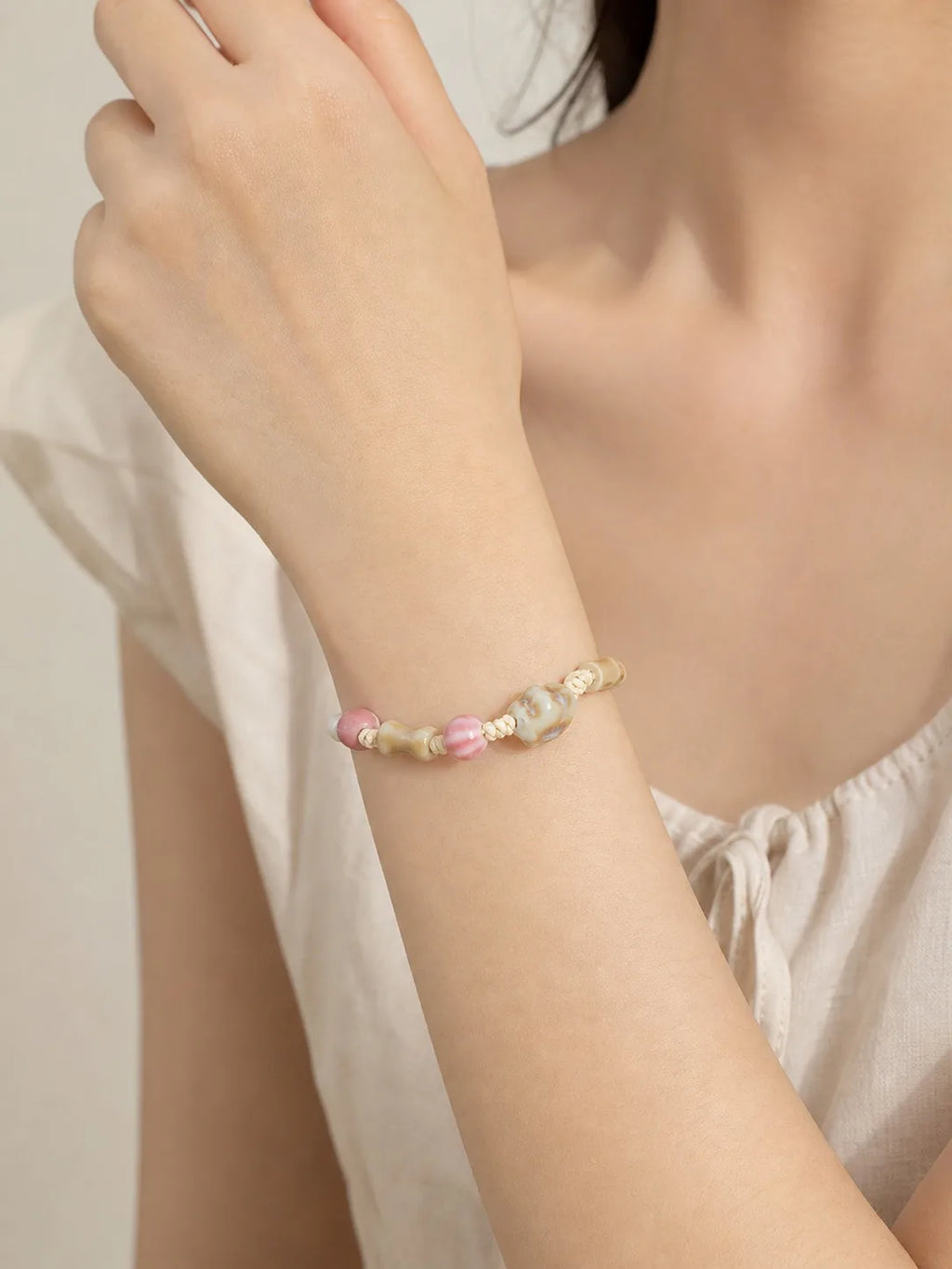 Handmade Ceramic Bone Bead & Star Charm Bracelet – Adjustable Wax Cord Artisan Jewelry