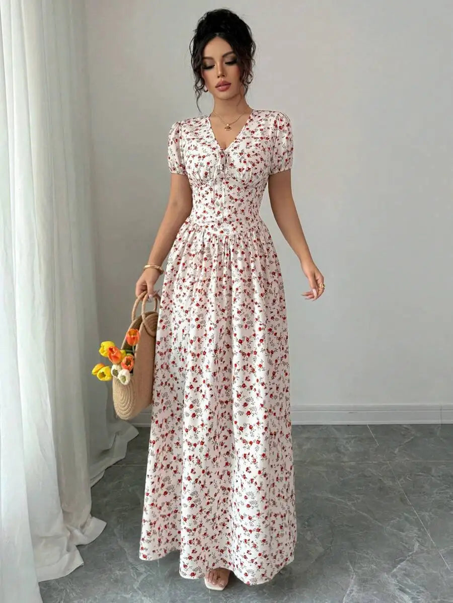 Women's Ditsy Floral Maxi Dress - Puff Sleeve Elastic Waist