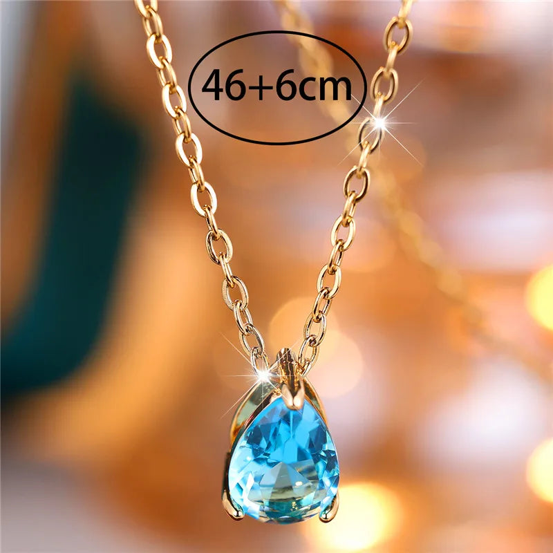 Luxury Blue Water Drop Stone Pendant Necklace for Women,