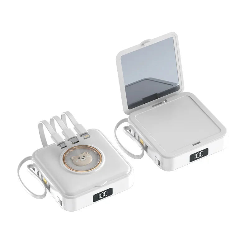Mini Power Bank 20000mAh – Built-in 4 Cables, Makeup Mirror & Cute Pet Cartoon Design