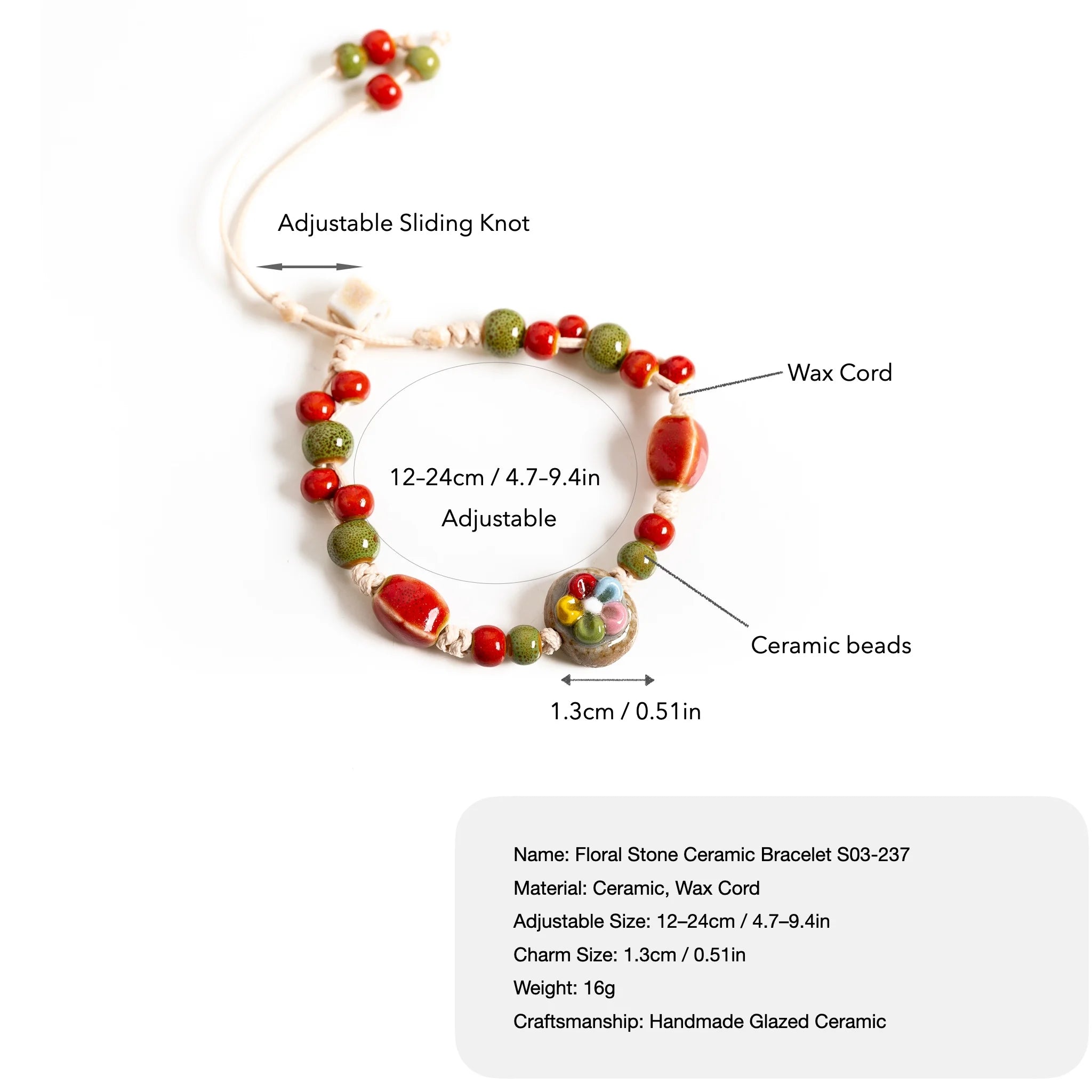 Handmade Floral Stone Ceramic Bracelet – Adjustable Wax Cord Dainty Vintage Jewelry for Women