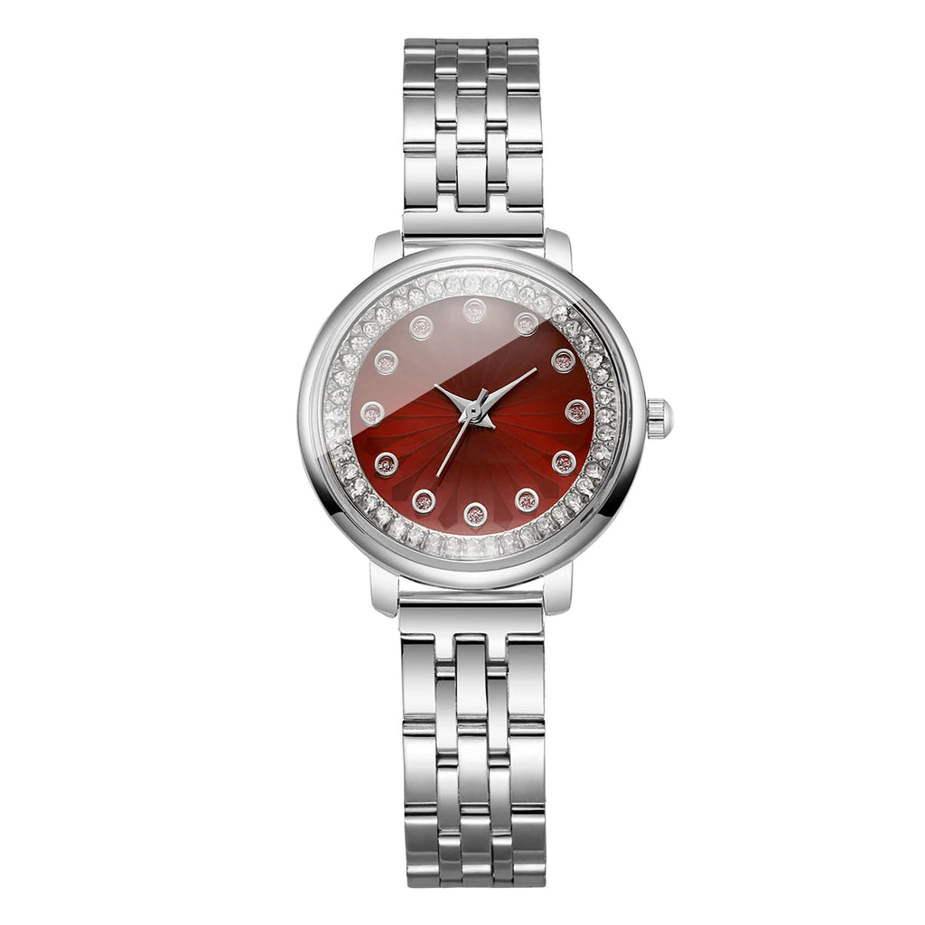 Luxury Red Dial Rhinestone Women's Quartz Watch – Stainless Steel Elegant Wristwatch