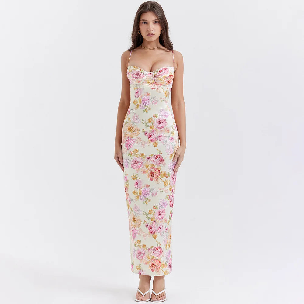 Women's Spaghetti Strap Floral Print Maxi Dress - Boat Neck Elegant Style