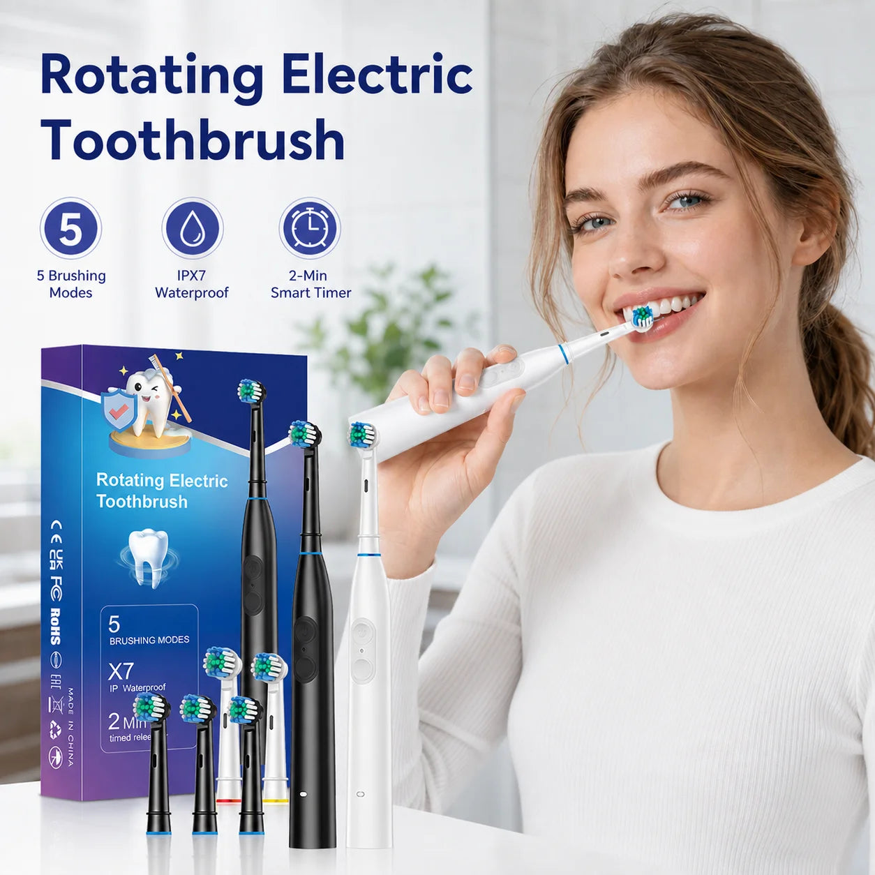 5-Mode Electric Toothbrush – IPX7 Waterproof, 15-Day Battery, USB-C