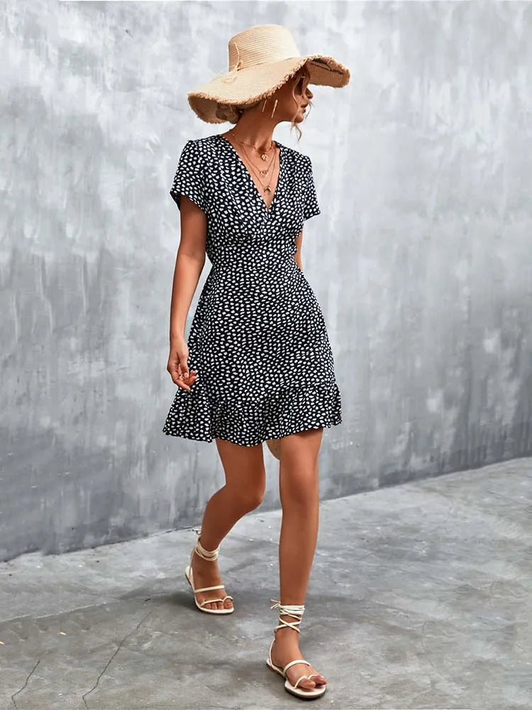 Boho Floral Print V-Neck Mini Dress