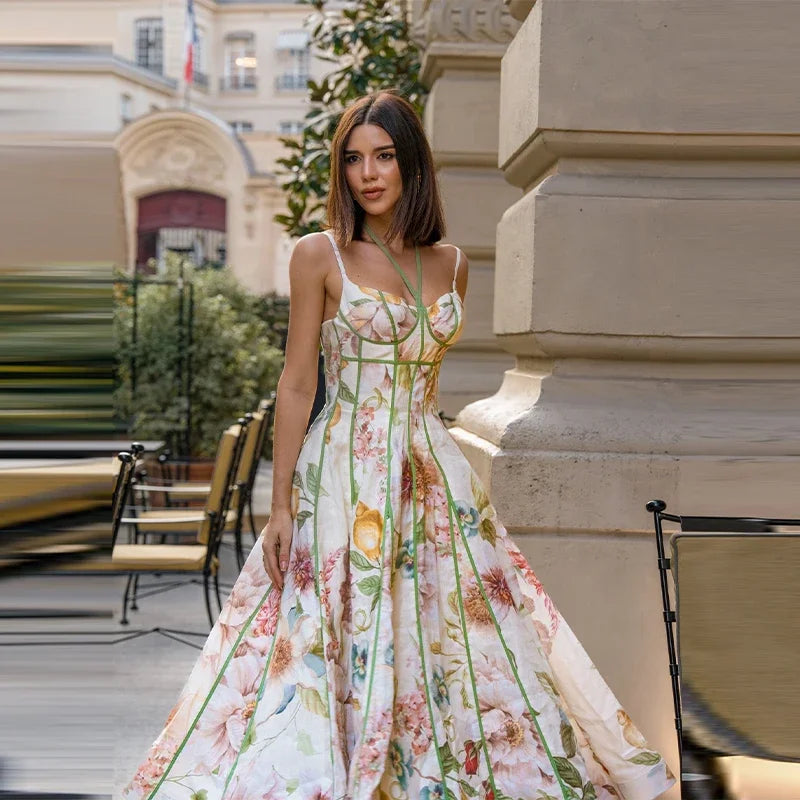 Women's Printed Sleeveless Sling Halter Maxi Dress - Waist Cinching A-line Style
