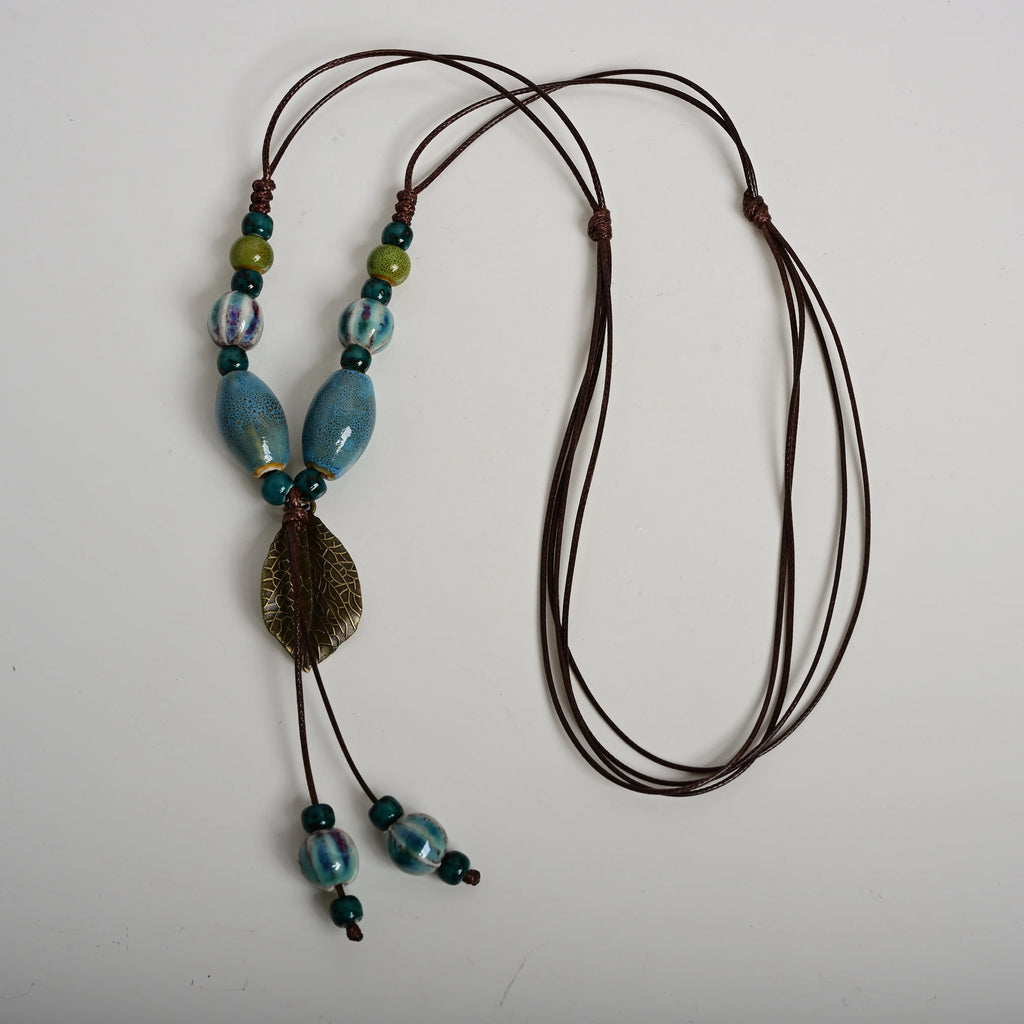Handmade Ceramic Leaf Pendant Necklace – Adjustable Wax Cord Artisan Jewelry Gift