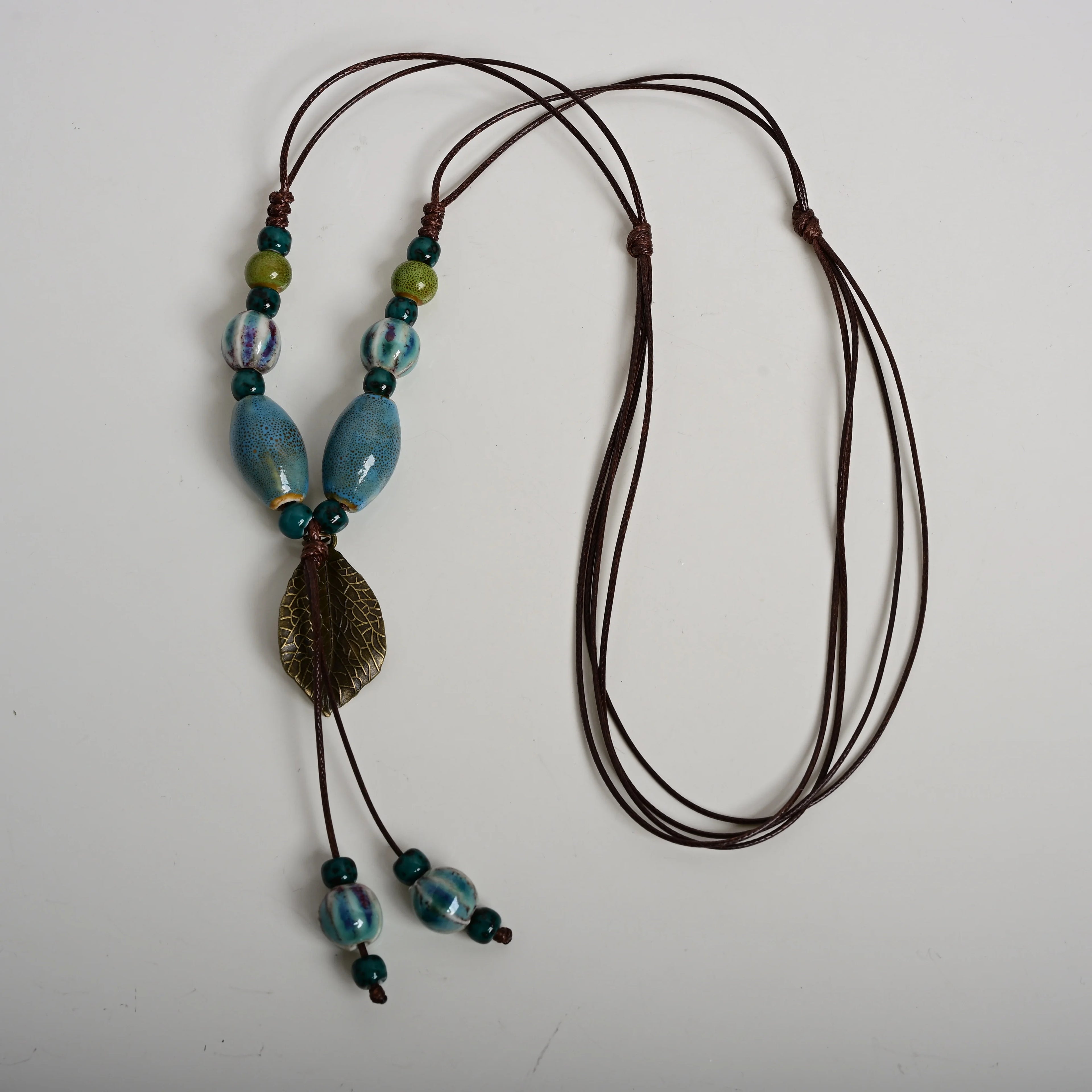 Handmade Ceramic Leaf Pendant Necklace – Adjustable Wax Cord Artisan Jewelry Gift