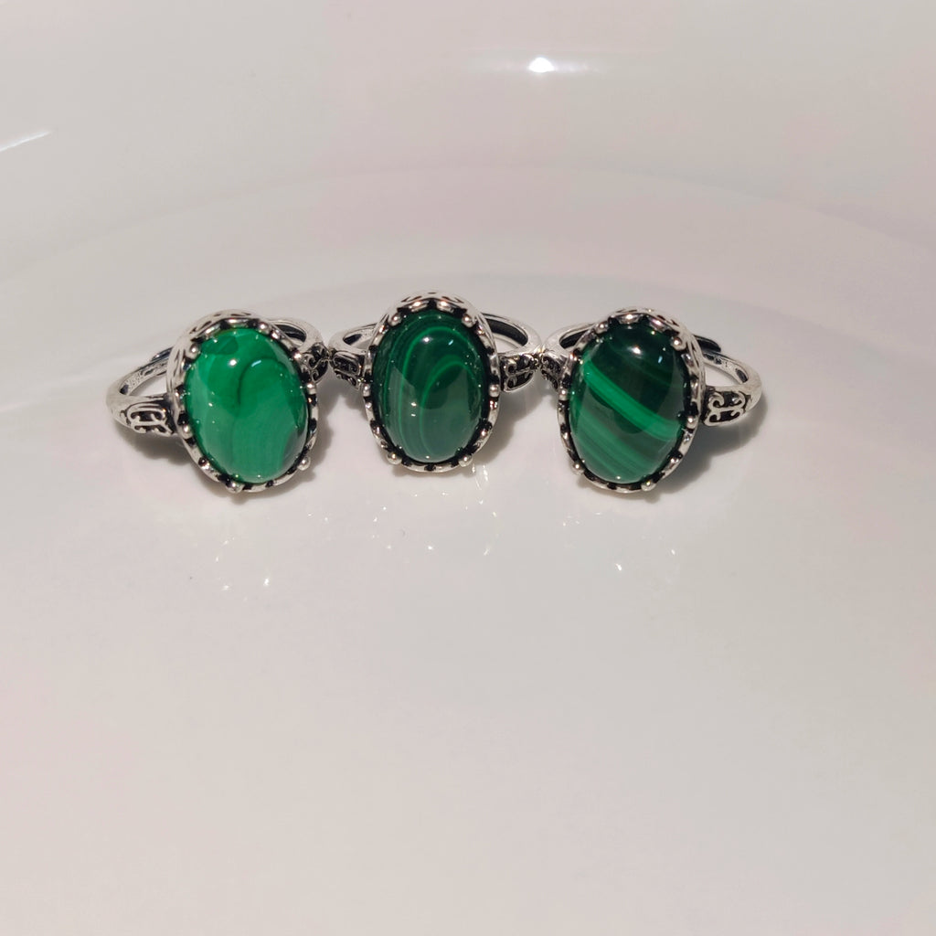 Natural Malachite Ring – 14MM Handmade Green Gemstone Ring for Women