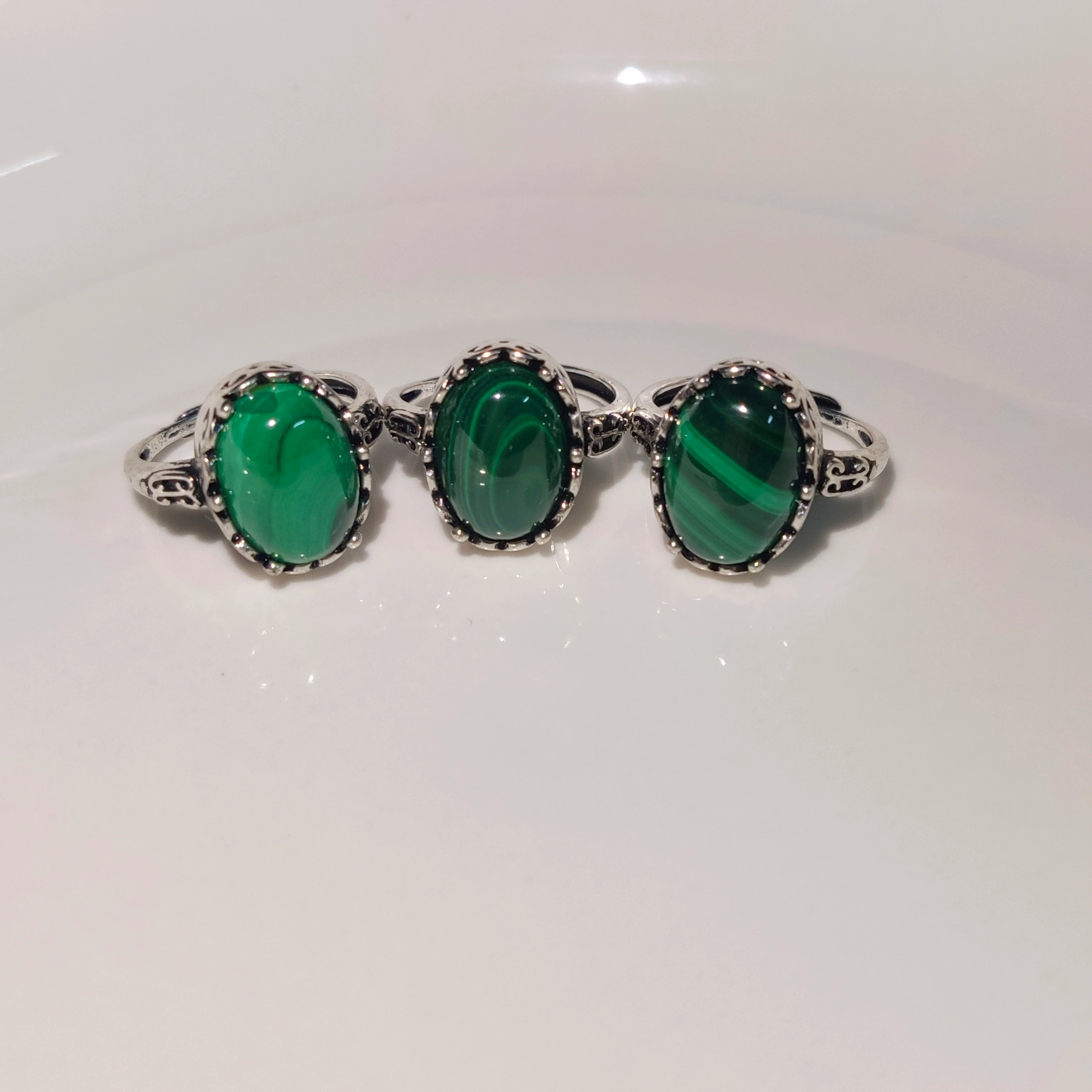 Natural Malachite Ring – 14MM Handmade Green Gemstone Ring for Women