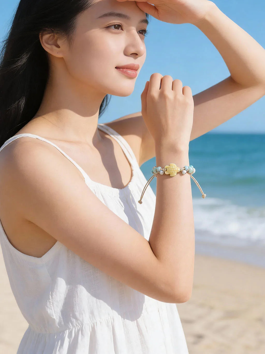 Handmade Ceramic Sea Turtle Bracelet – Adjustable Wax Cord Ocean Beach Jewelry for Women & Girls