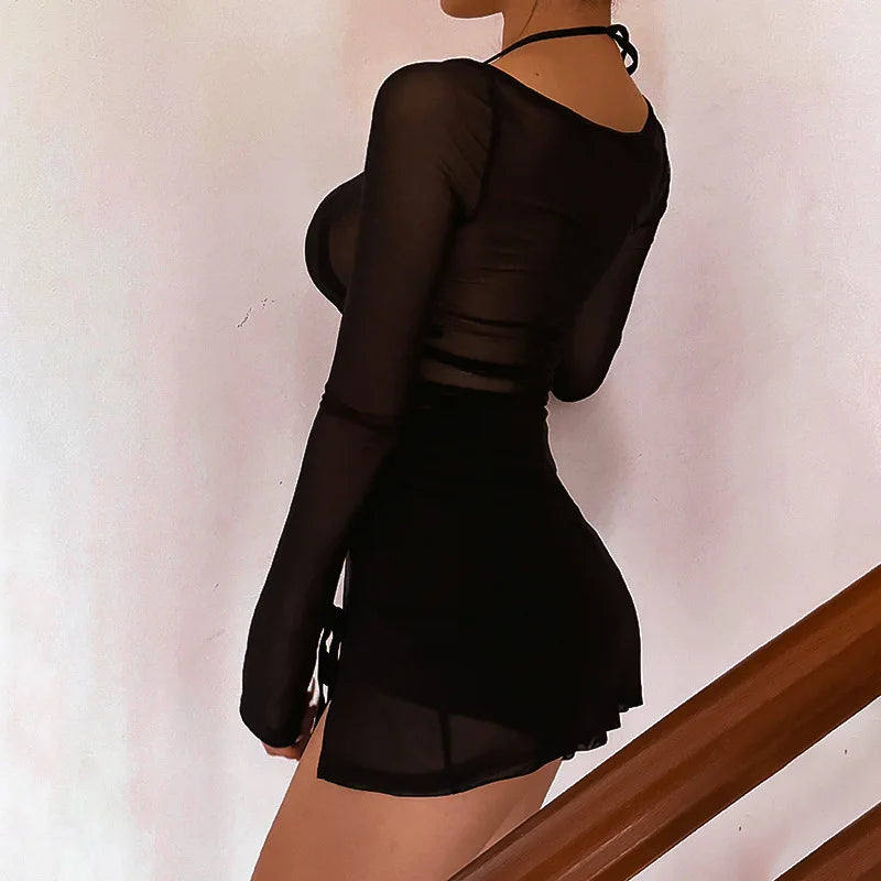 Square Collar Sheer Long Sleeve Mini Dress