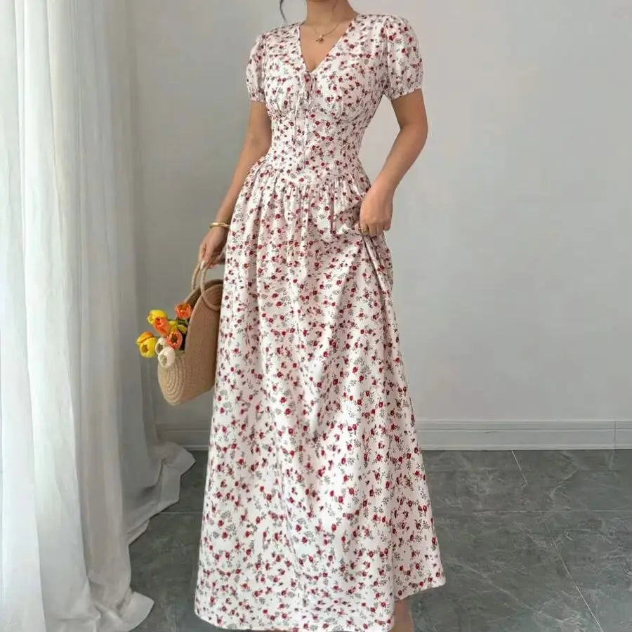 Women's Ditsy Floral Maxi Dress - Puff Sleeve Elastic Waist