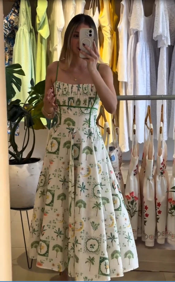 Women's Printed Gathered Swing Midi Dress - Spaghetti Strap High Waist
