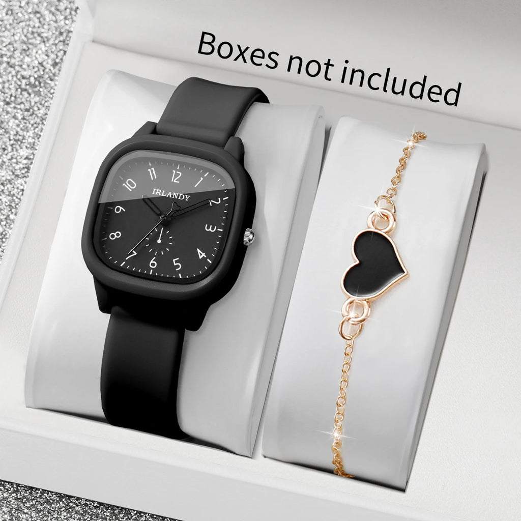 Fashion Arabic Dial Women's Quartz Watch & Heart Bracelet Set – 2PCS Square Silicone Wristwatch