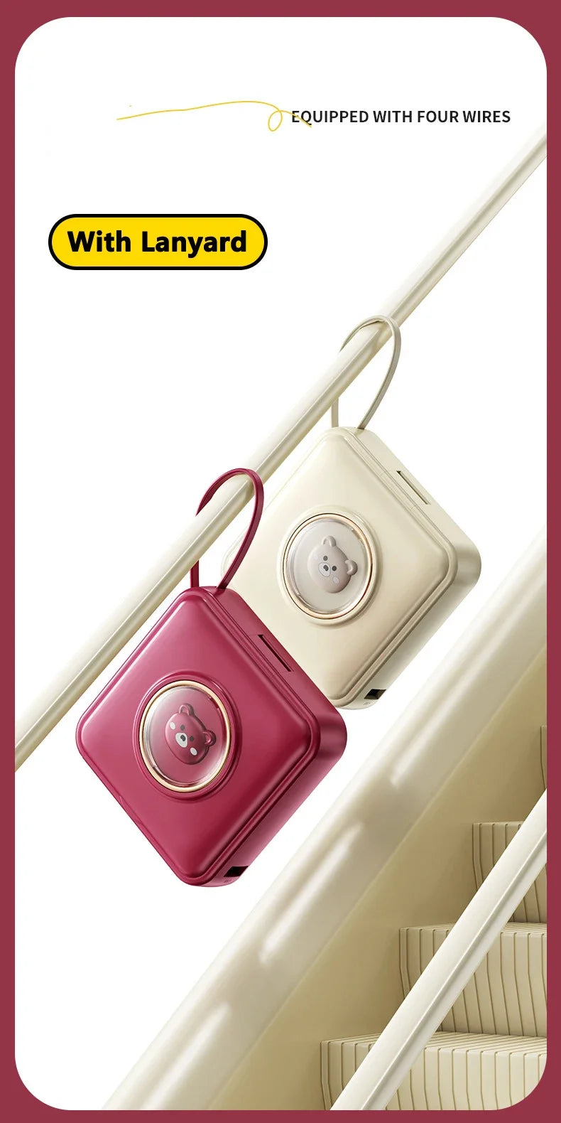 Mini Power Bank 20000mAh – Built-in 4 Cables, Makeup Mirror & Cute Pet Cartoon Design
