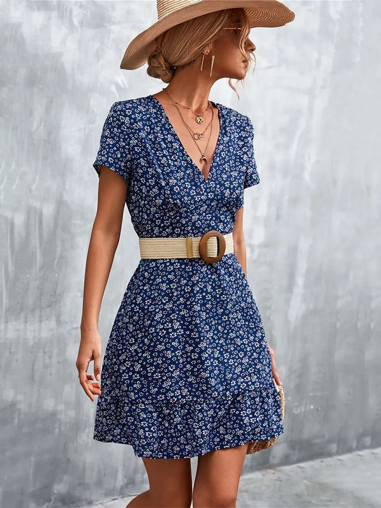 Boho Floral Print V-Neck Mini Dress