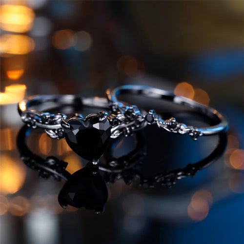 Black Red Zircon Heart Engagement Ring Set for Women, Vintage Black Gold Color, Bridal Wedding Bands