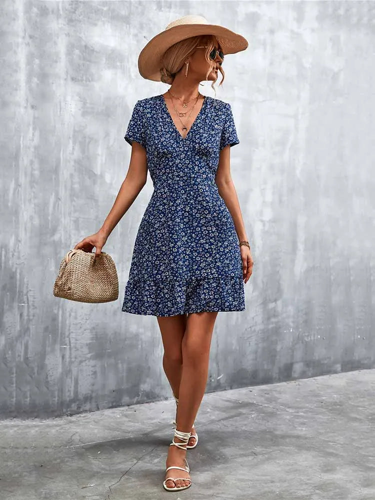 Boho Floral Print V-Neck Mini Dress