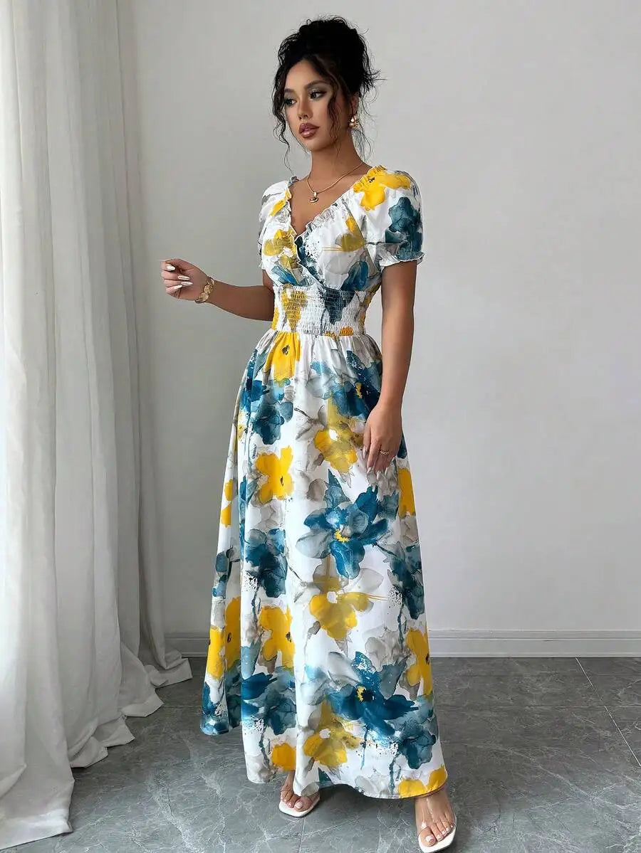 Women's V Neck Shirred Maxi Dress - Big Floral Print Ankle Length