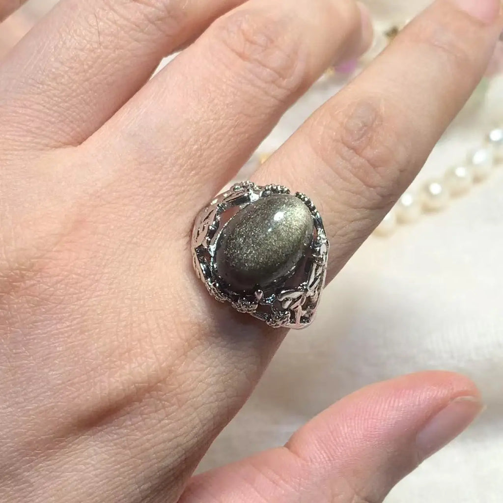 Natural Obsidian Adjustable Ring – Vintage Gemstone Ring for Women