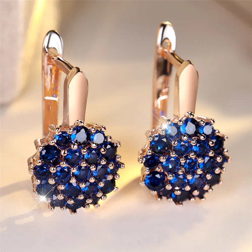 Cute Sunflower Blue Crystal Hoop Earrings for Women, Rose Gold/Silver Color, Wedding Jewelry