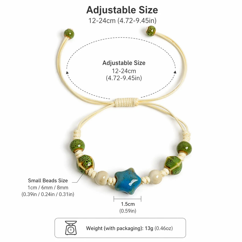 Handmade Ceramic Star Bracelet – Adjustable Braided Wax Cord Blue Charm Jewelry for Women