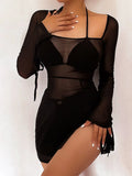 Square Collar Sheer Long Sleeve Mini Dress