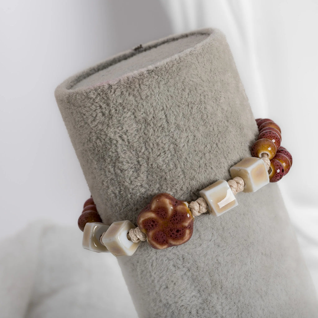 Handmade Ceramic Purple Flower Bead Bracelet – Glazed Charm Wax Cord Jewelry Gift