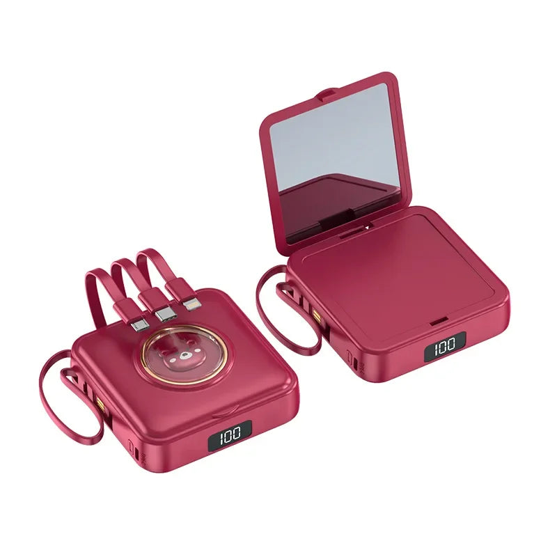 Mini Power Bank 20000mAh – Built-in 4 Cables, Makeup Mirror & Cute Pet Cartoon Design