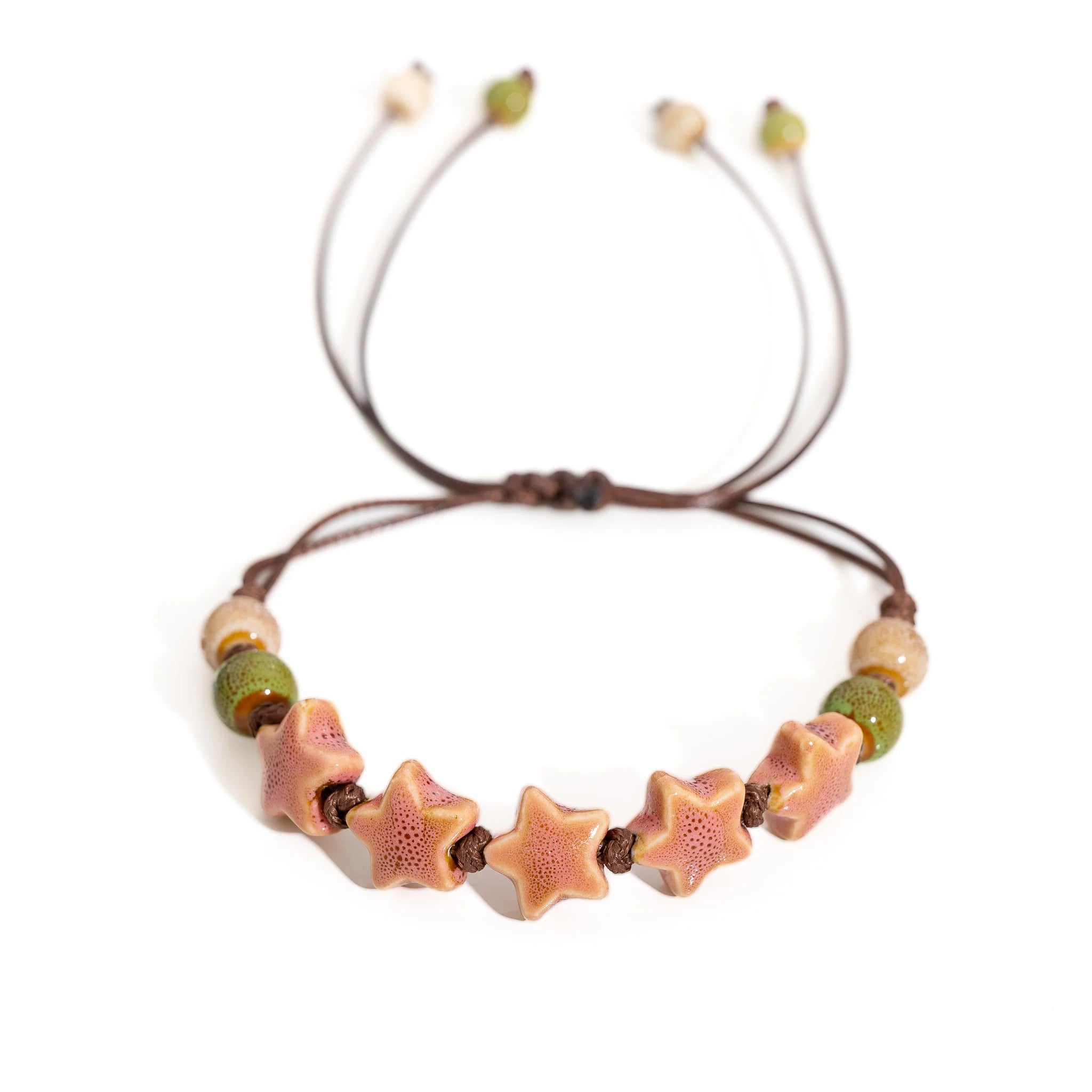 Handmade Pentagram Ceramic Bead Bracelet – Adjustable Wax Cord Jewelry for Women & Couples