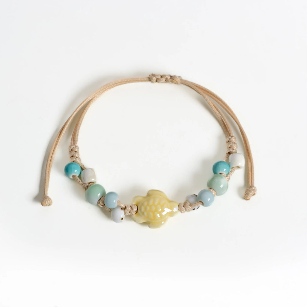 Handmade Ceramic Sea Turtle Bracelet – Adjustable Wax Cord Ocean Beach Jewelry for Women & Girls