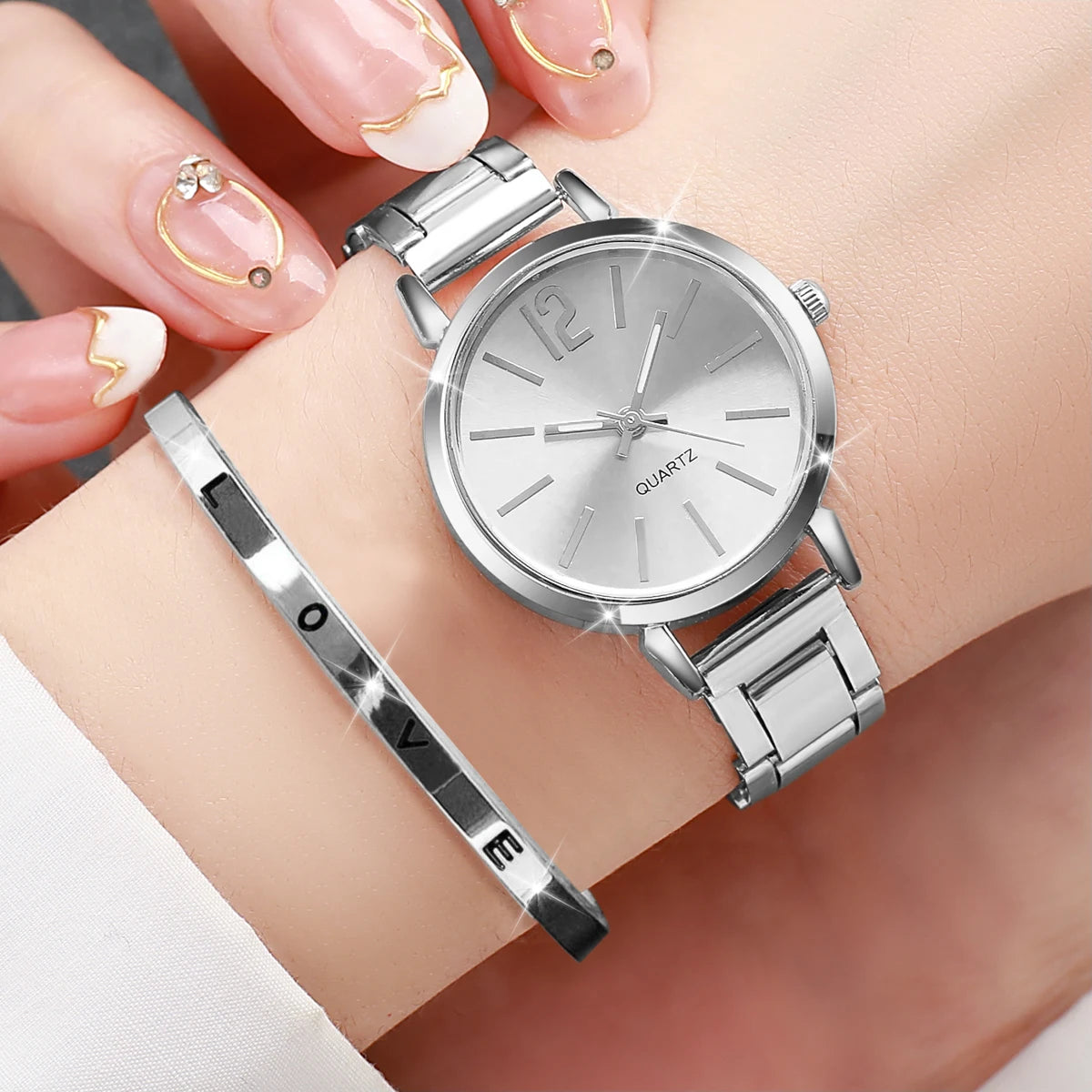 Women's Gold Steel Band Quartz Watch & Cuff Bracelet Set – 2PCS Fashion Wristwatch