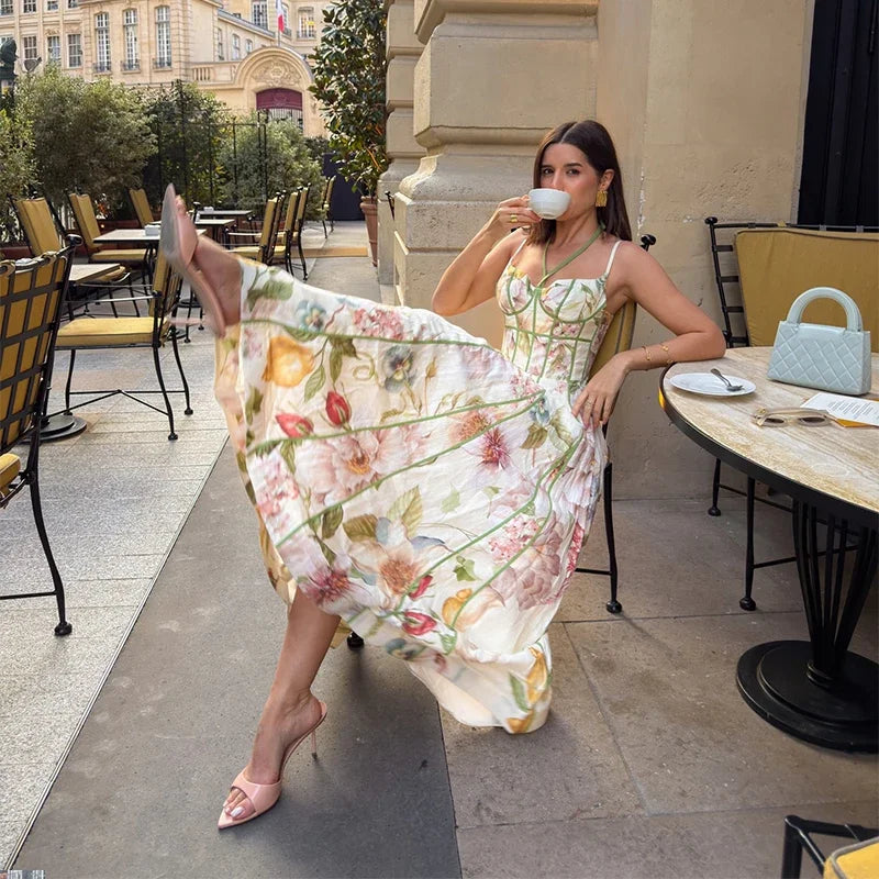 Women's Printed Sleeveless Sling Halter Maxi Dress - Waist Cinching A-line Style